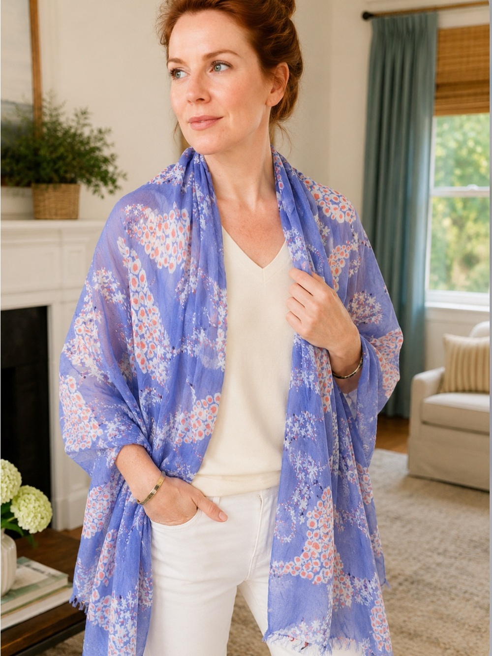 Lilly Pulitzer Blue Floral Paisley Modal Cashmere Oversized Scarf Wrap